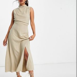 ASOS DESIGN Sleeveless Cowl Neck Midi Dress with Open Back in Linen in Neutral